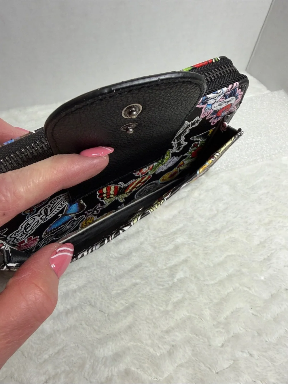Ed Hardy Black Floral & Tattoo-Print Zip Wallet